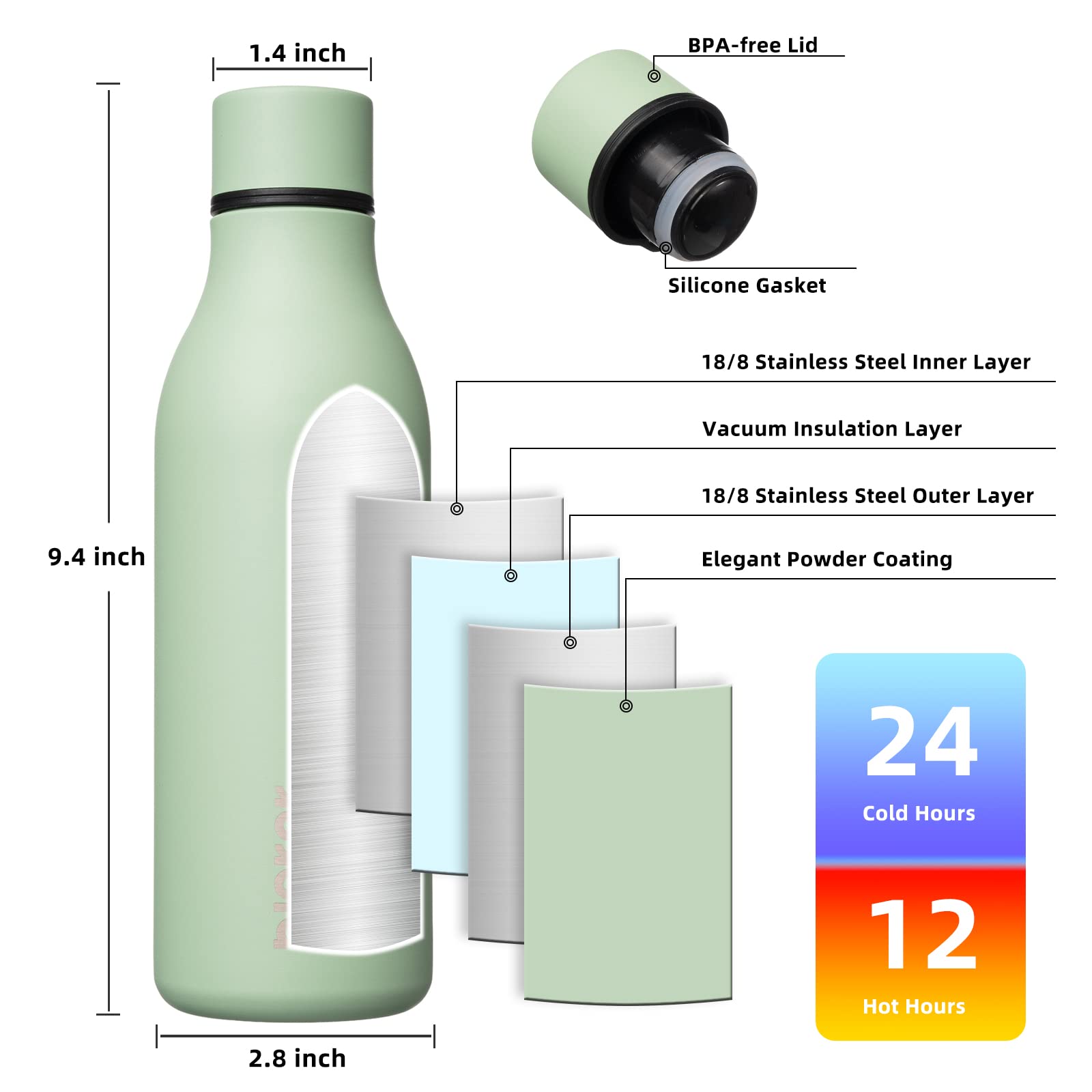BJPKPK 18oz Insulated Water Bottle, Stainless Steel Bottle with Carry Strap