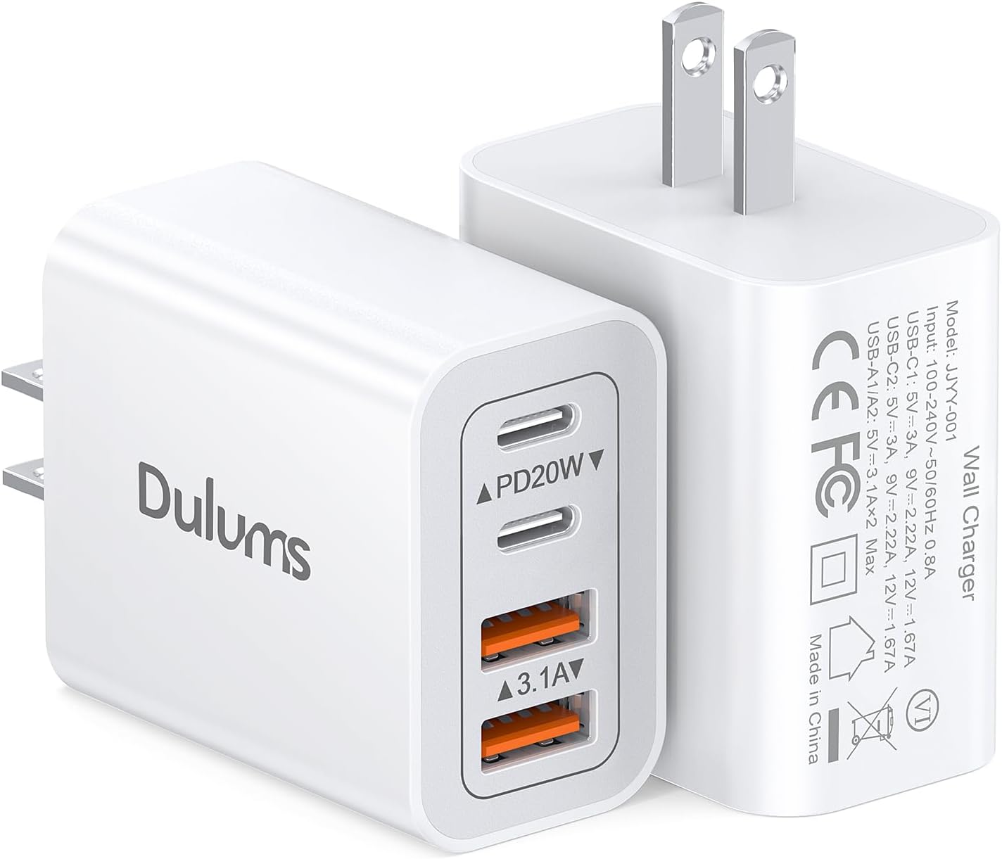 40W USB C Charger Cube, 2-Pack Wall Plug Fast Charging Block, 4-Port PD+QC Power Adapter Multiport