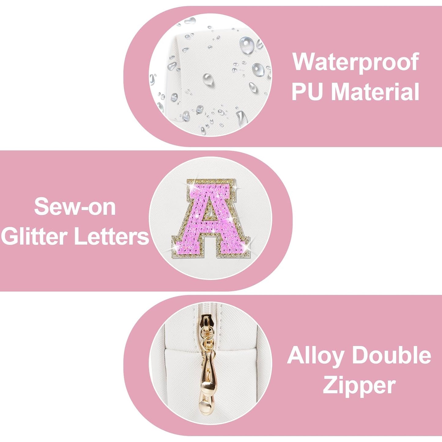 Small Initial Patch Makeup Bag Personalized Gifts Make Up Bag,White Cute PU Leather Glitter Letter Cosmetic Bag with Zipper,Trendy Portable Travel Toiletry Pouch,Preppy Stuff for Teen Girls Women A