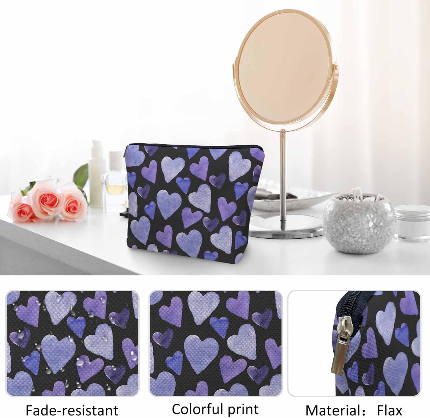 Women Makeup Organizer Bag Heart Watercolor Love Hearts Blue Purple Flax Cosmetic Bag Makeup Bags