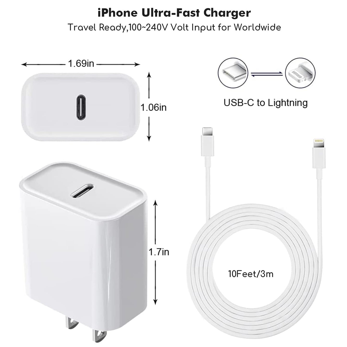 Fast iPhone Charger, Quick 10Foot USBC Wall Charger Phone Charge 2Pack PD USB C Fast Charge Block + Long 10FT Lightning Fast Charging Cable for iPhone 14/Pro/Pro Max/Plus/13/12/11/XS/XR/X/SE2022/iPad