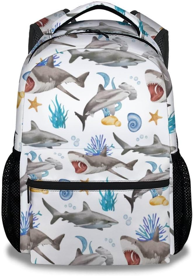 Shark Backpacks for Boys, Large Capacity Backpack for School, Cute White Lightweight Bookbag for Kids