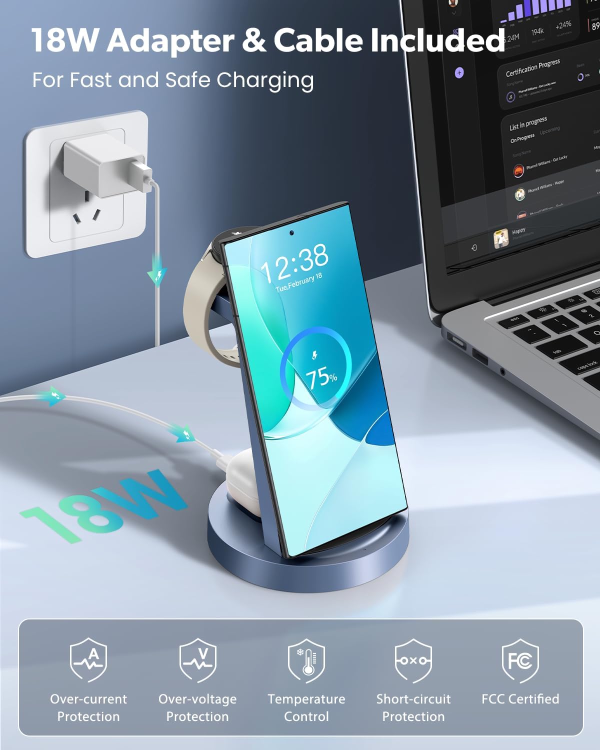 Wireless Charger for Samsung: 3 in 1 Wireless Charging Station for Samsung Galaxy Watch 8 7 6 5 4 3 Pro Classic Galaxy Buds - Charger Dock Stand for S25 S24 Ultra S23 S22 S21 Note Z Fold Android