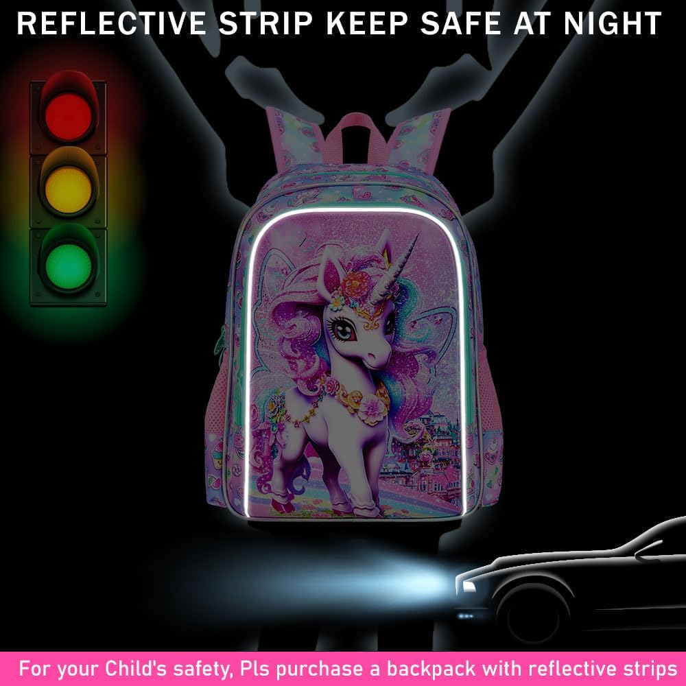 3PCS Unicorn Backpack, Water Resistant Girls Bookbag Set with Lunch Box，Cute Kids Elementary School Bag for Preschool Toddler