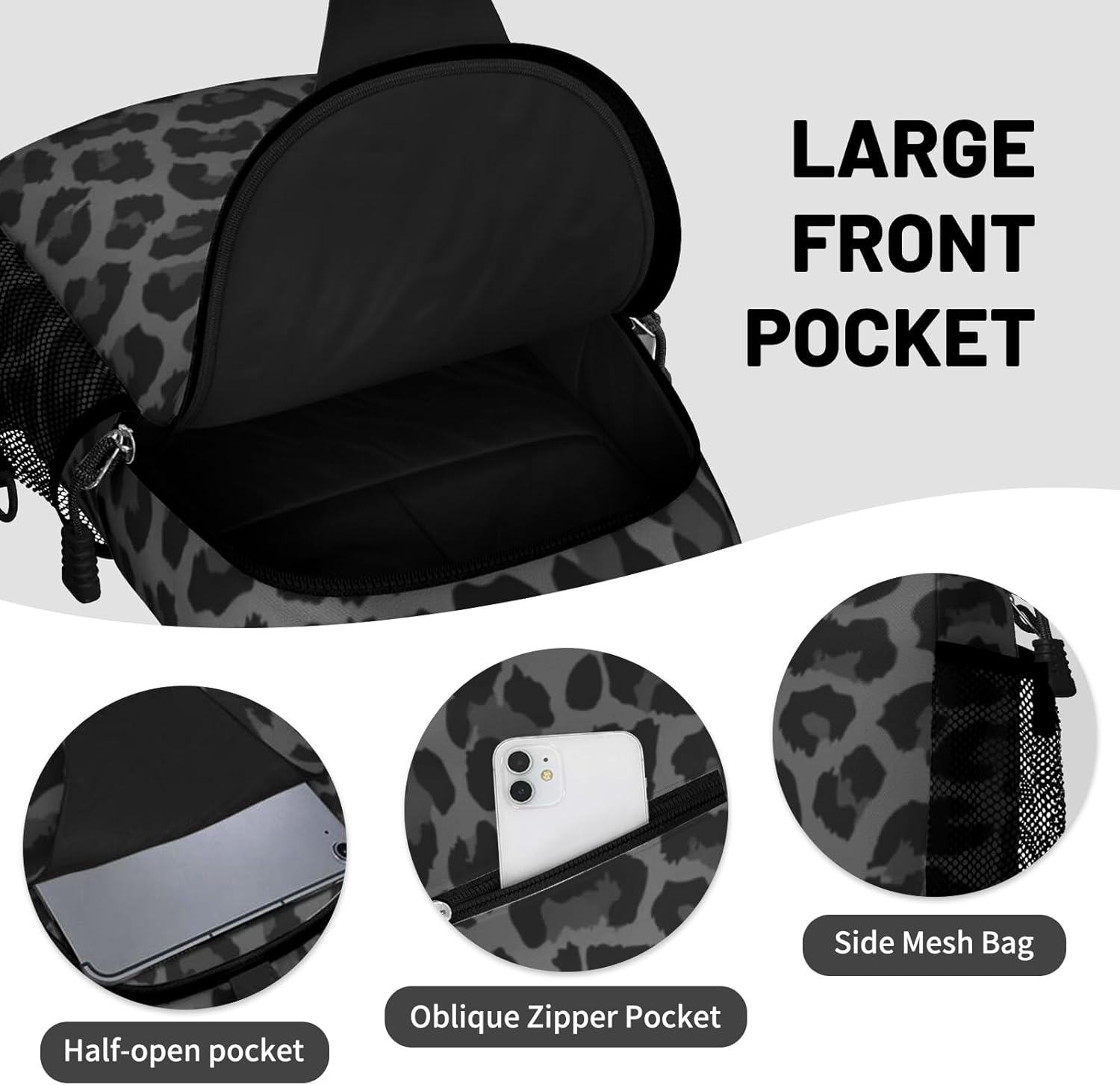 Black Leopard Print Sling Bag Crossbody Chest Bag for Women Men, Water Resistant Lightweight Casual