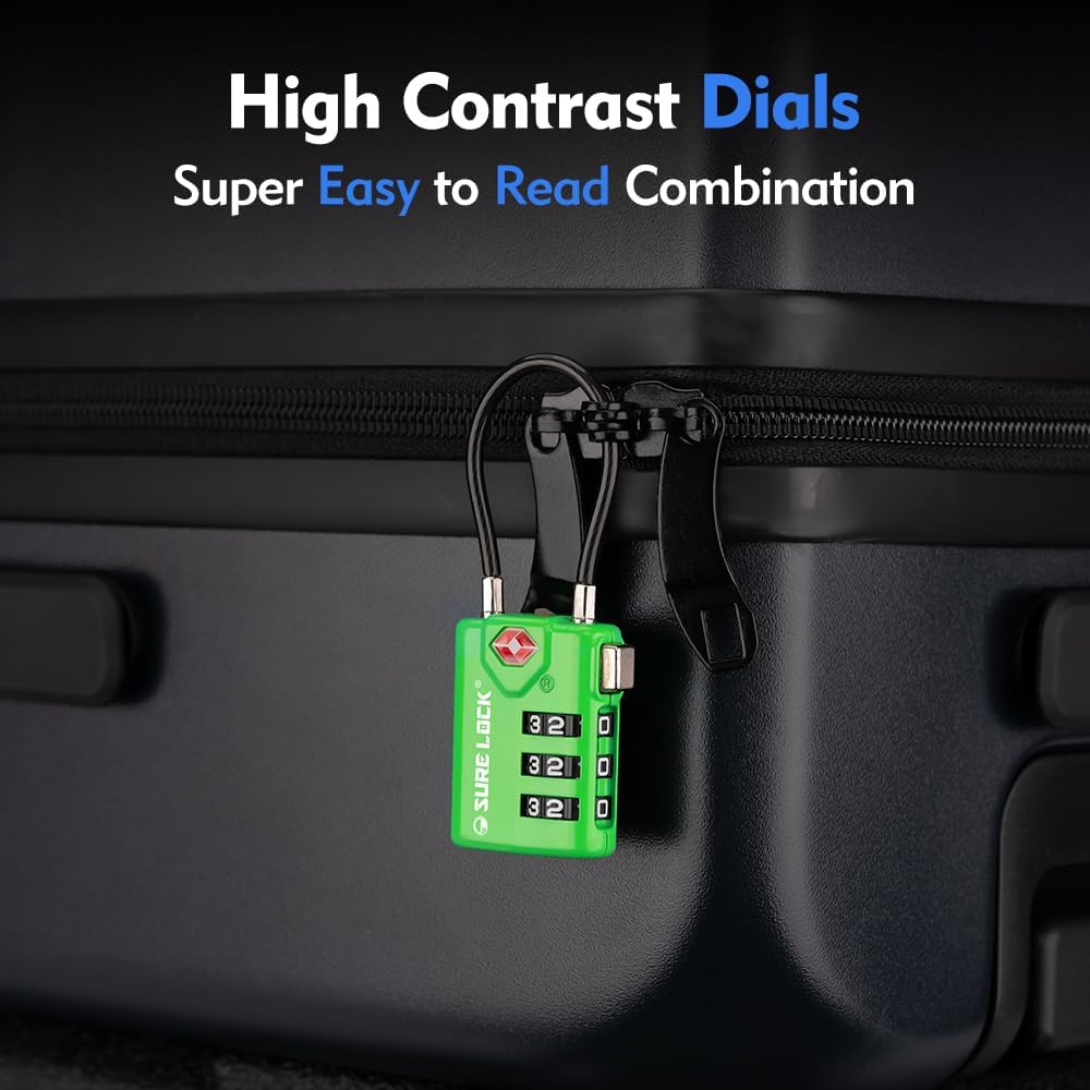 SURE LOCK TSA Compatible Travel Luggage Locks, Inspection Indicator, Easy Read Dials TSA Approved