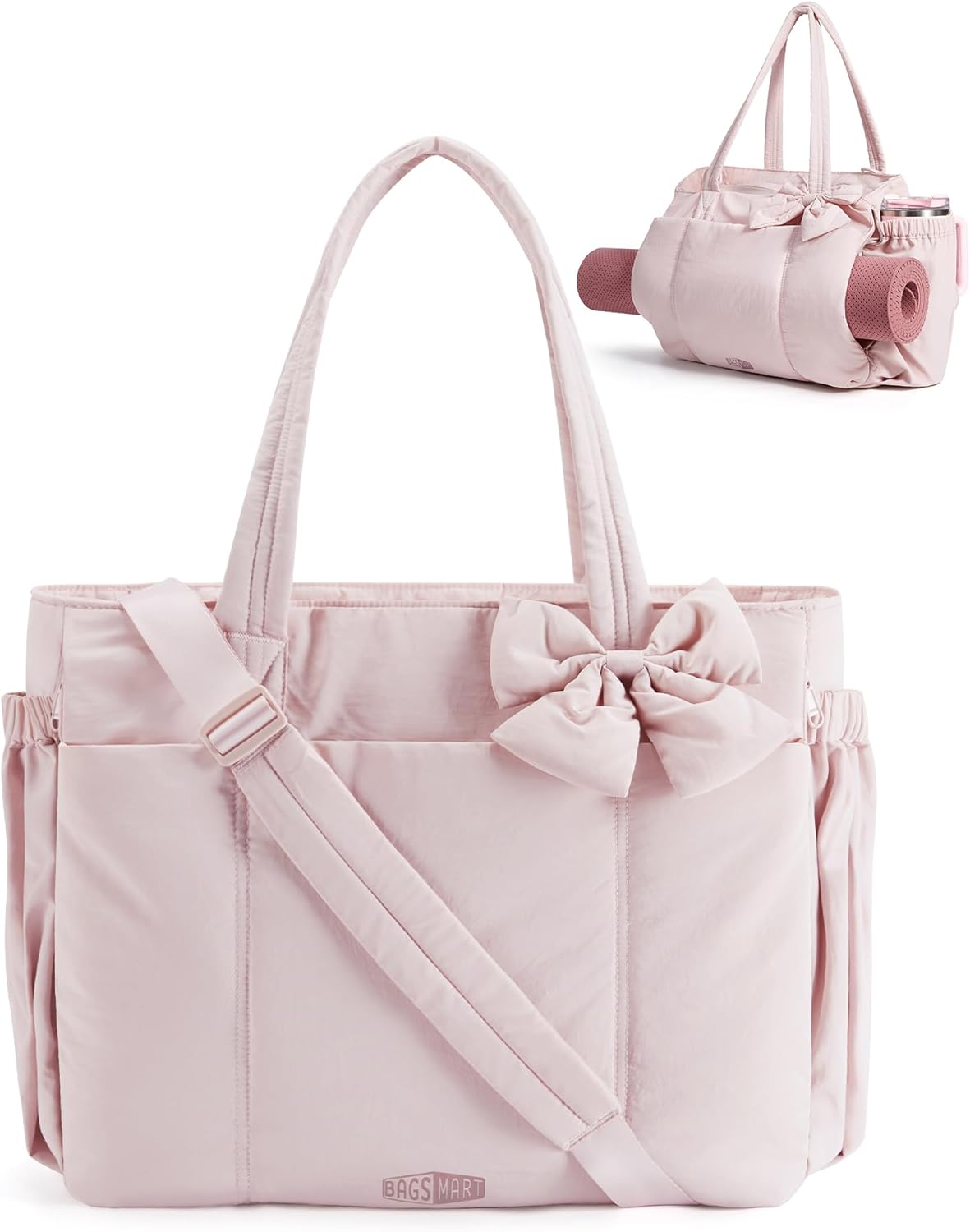 BAGAMSRT Crush Bow Tote Bag for Women, Large Work Tote with 40oz Tumbler, Puffer Travel Tote Bag for Work, Yoga, Gym