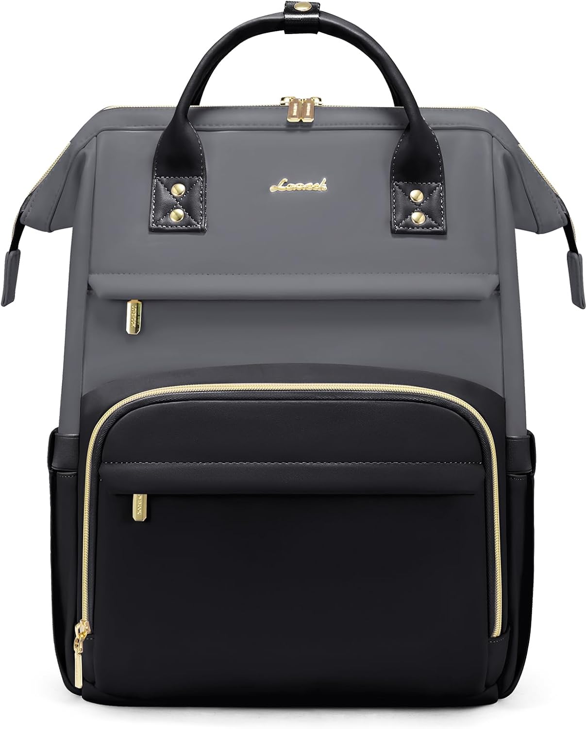 LOVEVOOK Leather Backpack for Women,15.6 inch Leather Laptop Backpacks Women,Professional Work Backpacks Nurse College Teacher Bag,Womens Laptop Bag Computer Travel Backpack Purse,Smoky Gray-Black