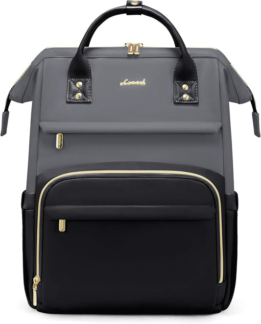 LOVEVOOK Leather Backpack for Women,15.6 inch Leather Laptop Backpacks Women,Professional Work Backpacks Nurse College Teacher Bag,Womens Laptop Bag Computer Travel Backpack Purse,Smoky Gray-Black