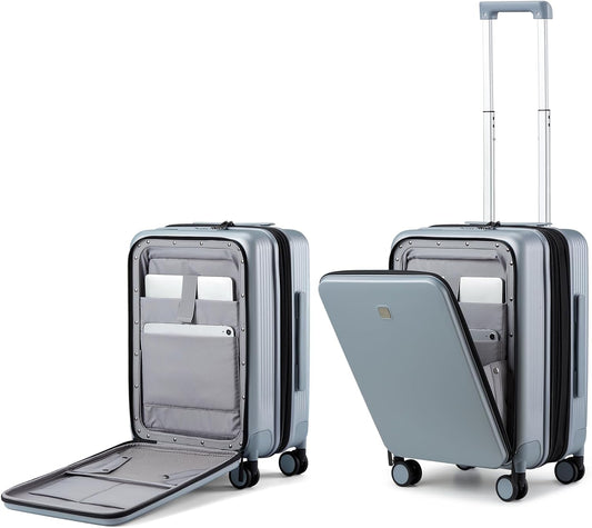 Hanke Grace Expandable Carry On Luggage with Wheels Airline Approved Hard Shell Suitcases with Front Pocket，Top Opening Luggage with TSA Lock for Short Business Travel, Grey.