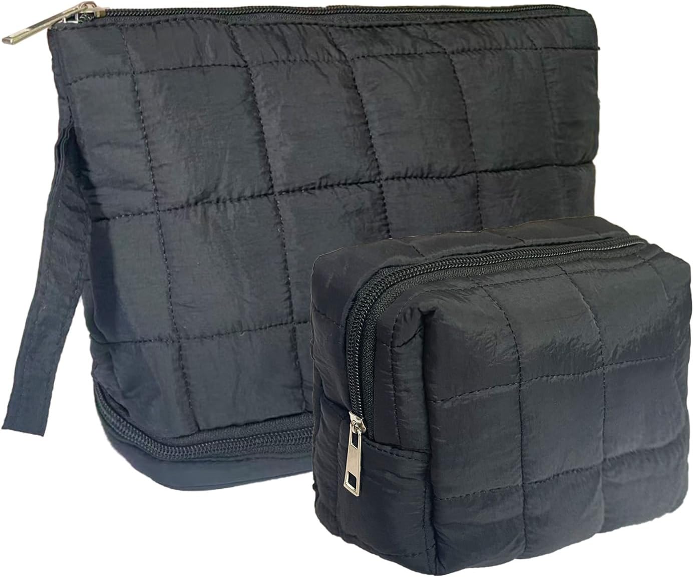 Black Puffy Puffer Makeup Bag for Purse Small Makeup Pouch Quilted Cosmetic Bag Cute Cotton Toiletry Pouch Bag for Women