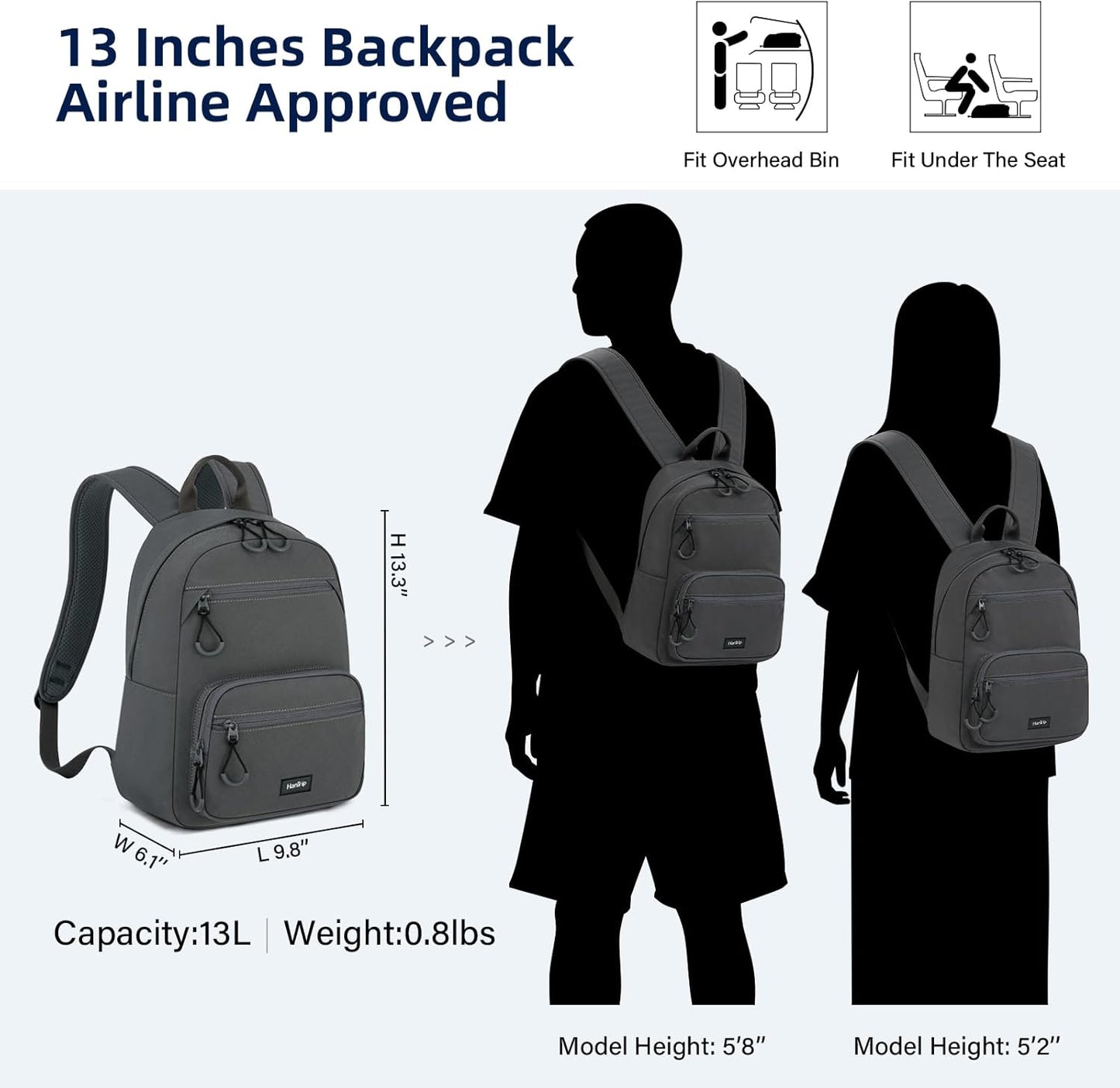 Carry On Travel Backpack For Men Women, 13 Inch Small Mini Work Bag Personal Item Backpacks, Camping Back Pack Lightweight Hiking Daypack For Office Nurse Commuter (Dark Gray)