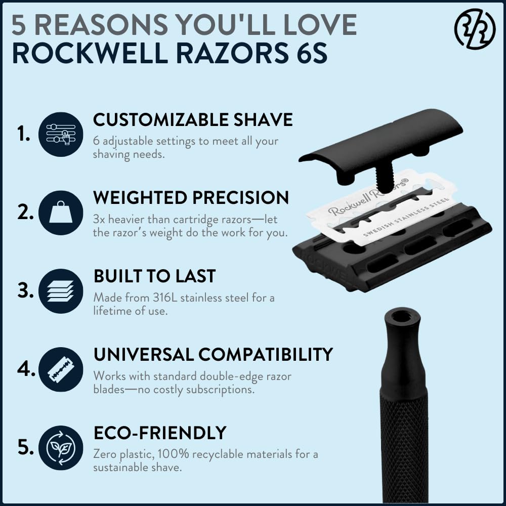 Rockwell Razors 6S Black Stainless Steel Safety Razor. Adjustable Single Blade Razor With 6 Shave Settings and 5 Recyclable Blades. Custom Shaves For Men and Women. Reduces Razor Burn and Irritation.
