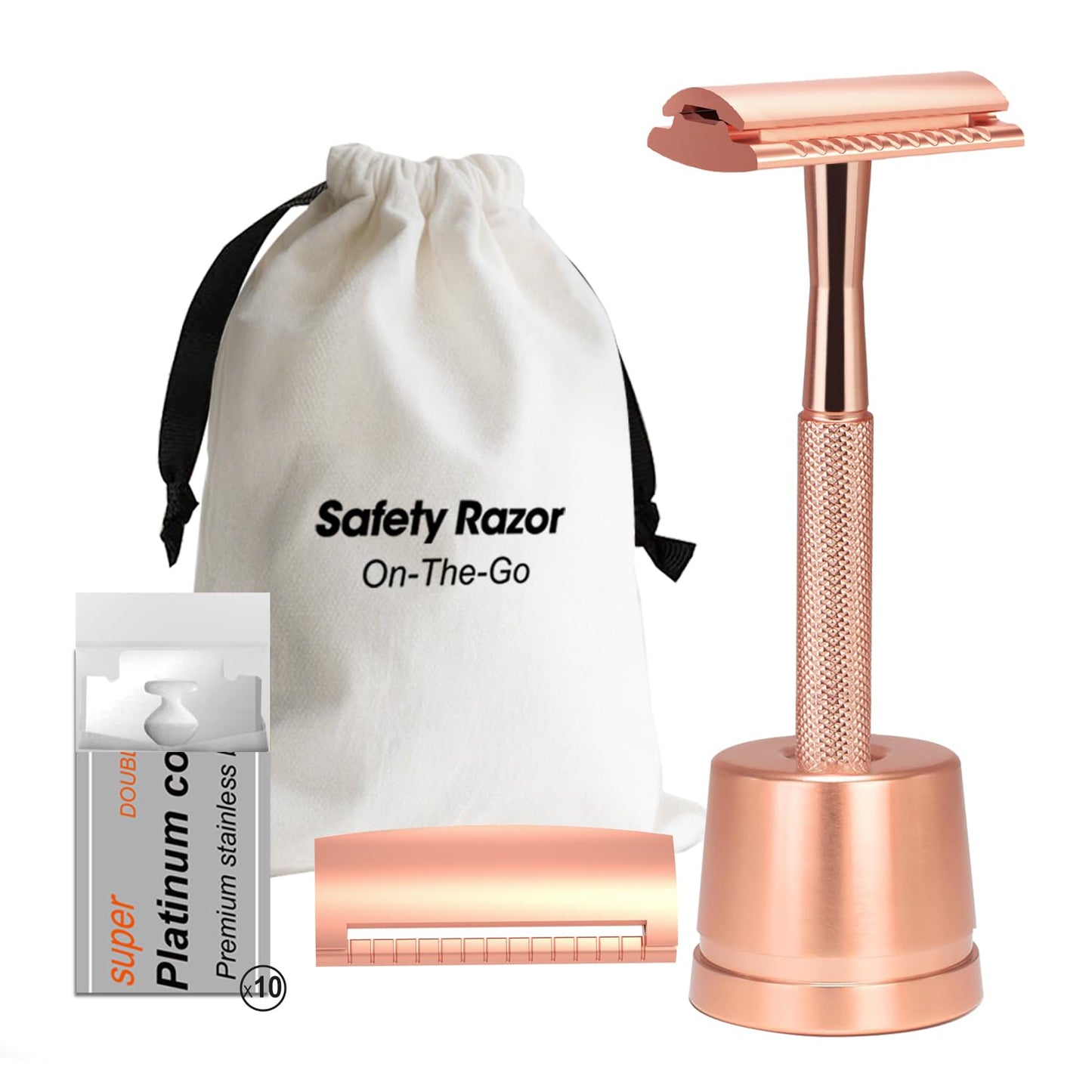Safety Razor with Stand, Single Blade Razors for Women and Men, Reusable Metal Razor, with 10 Double Edge Blades, Smooth Close Shave, Plastic Free, Rose Gold