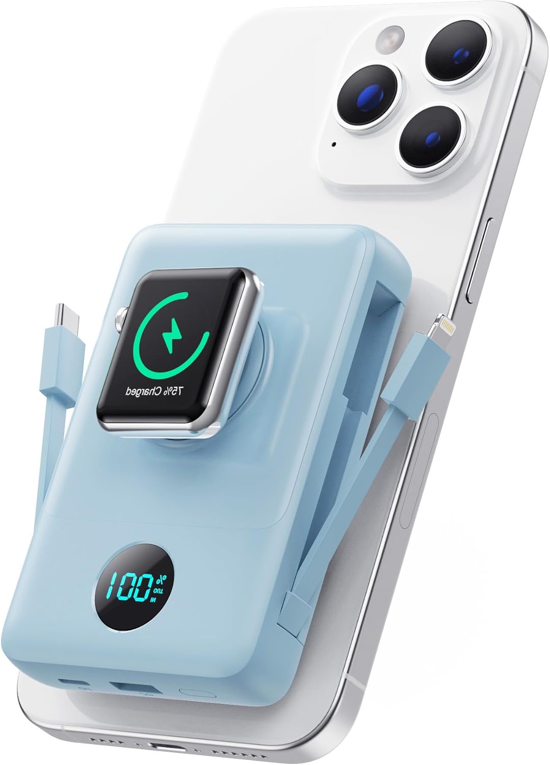 Magnetic Portable Charger for iPhone with Built-in Cables,6-in-1 10800mAh Power Bank with iWatch Charger & LCD Display,25W Fast Charging Battery Pack for iPhone 17/16/15/14/13/12,Apple Watch(Sky Blue)