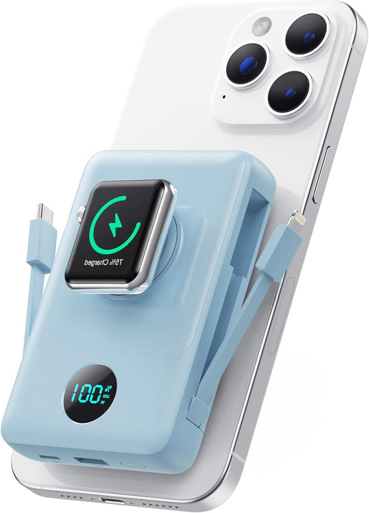 Magnetic Portable Charger for iPhone with Built-in Cables,6-in-1 10800mAh Power Bank with iWatch Charger & LCD Display,25W Fast Charging Battery Pack for iPhone 17/16/15/14/13/12,Apple Watch(Sky Blue)