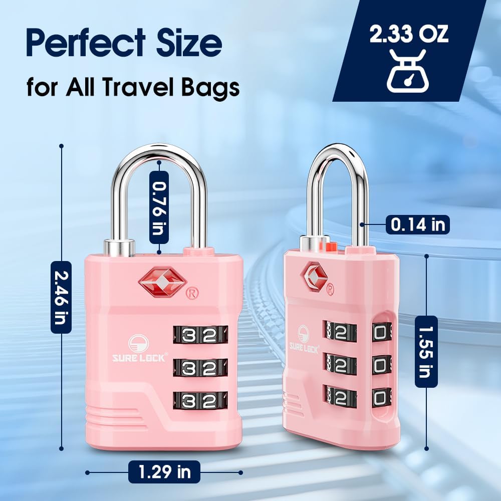 SURE LOCK TSA Locks for Luggage, TSA Approved Luggage Locks with Open Alert, 008 Key for High Security, Easy Read Dials, Zinc Alloy Body, Locker Lock for Suitcase, Gym, Travel.(Pink 2 pk)