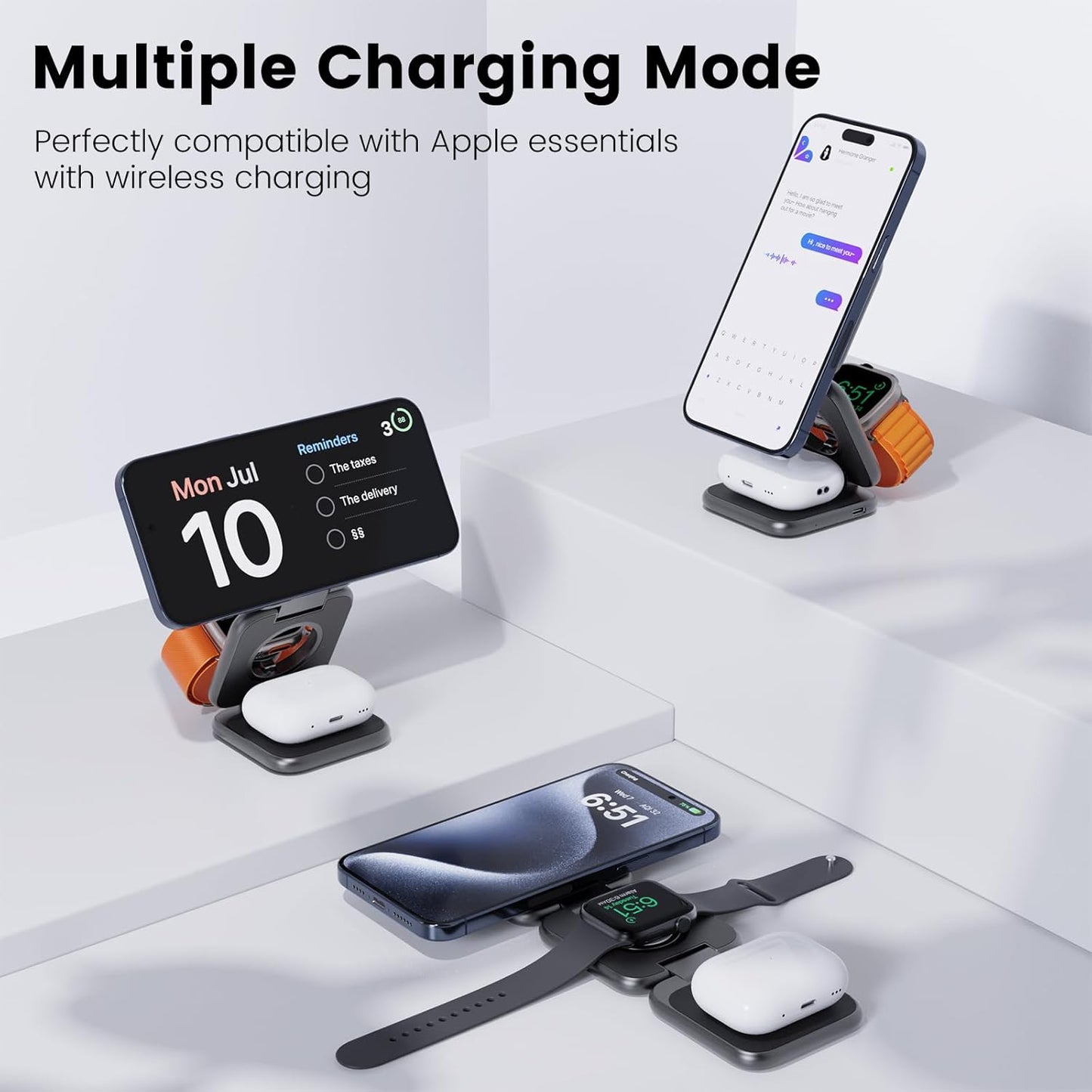 KU XIU X55 Plus 3 in 1 Charging Station for Apple Devices, Magnetic Foldable Wireless Charger 15W Fast Charging Pad for iPhone 16/15/14/13/12, for Apple Watch, for AirPods 3/2/Pro - Gray