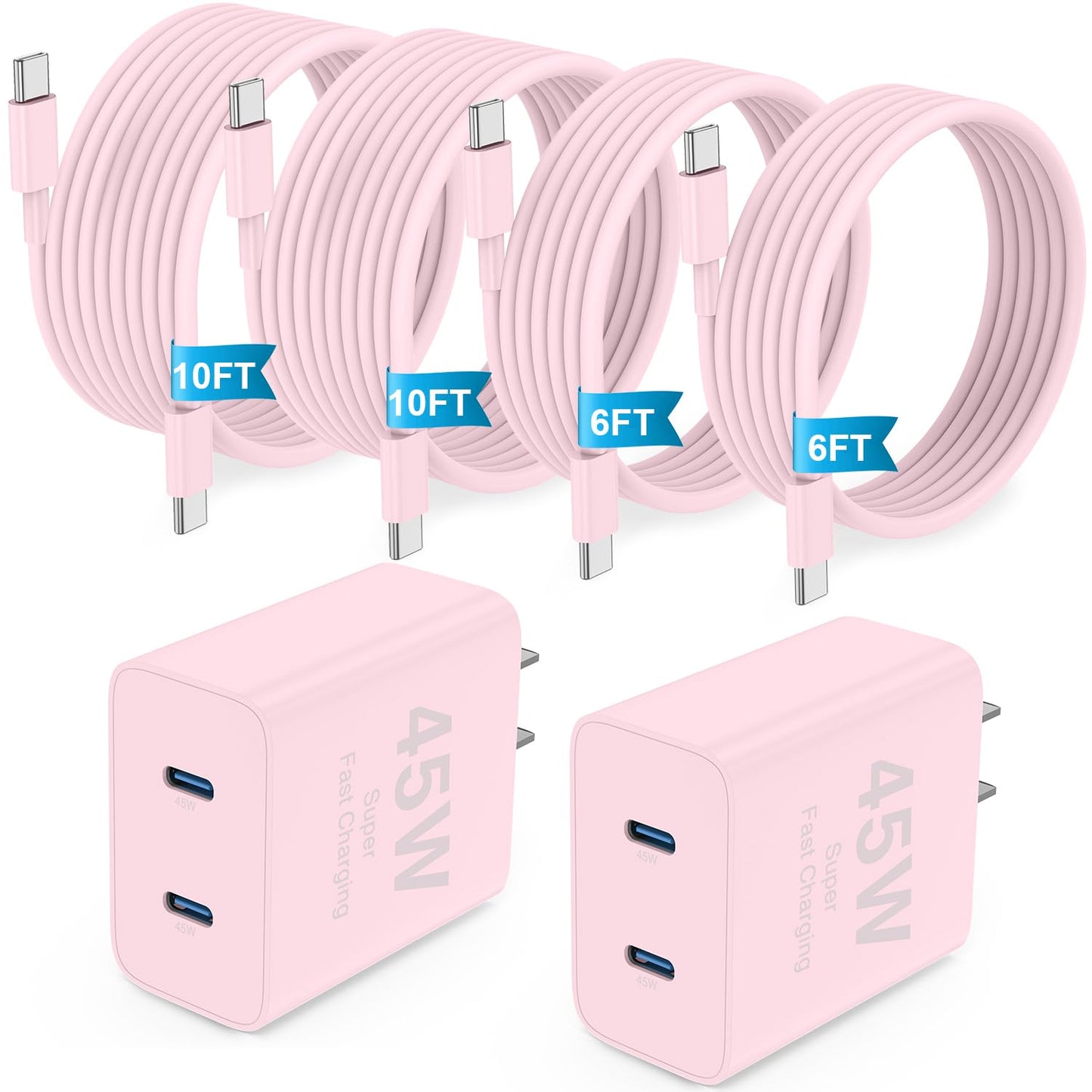 𝟐𝐏𝐚𝐜𝐤 𝟰𝟱𝗪 Dual Port iPhone 17 16 15 Charger and 6ft/10ft Type C to C Cable Cord Long,USB C Fast Charging Block for Apple iPhone 17 Pro Max/17 Air/16 Pro/15 Plus/iPad/mini,Wall Plug Cube Brick