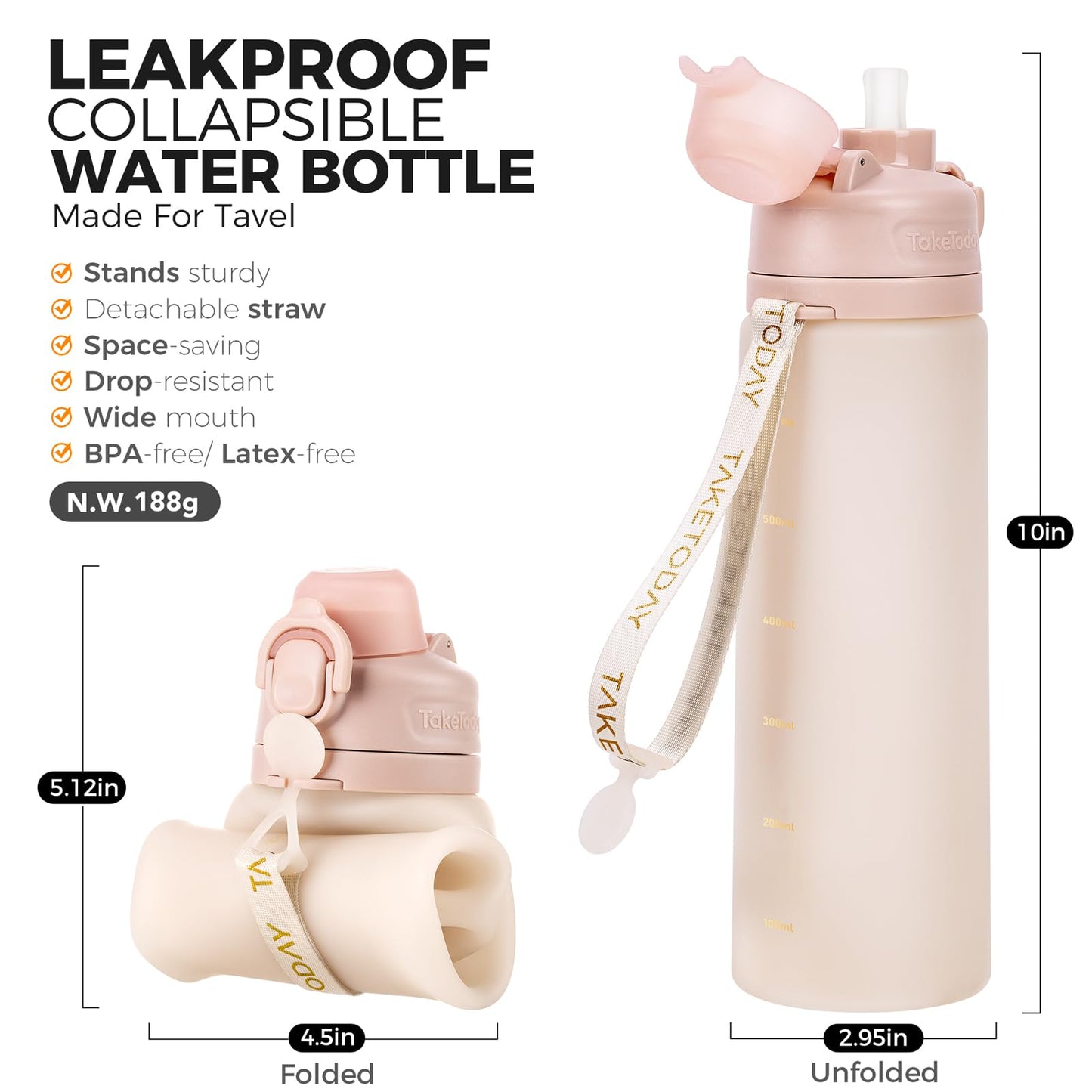 TakeToday Collapsible Water Bottles with Straw for Travel, 21oz, Sand