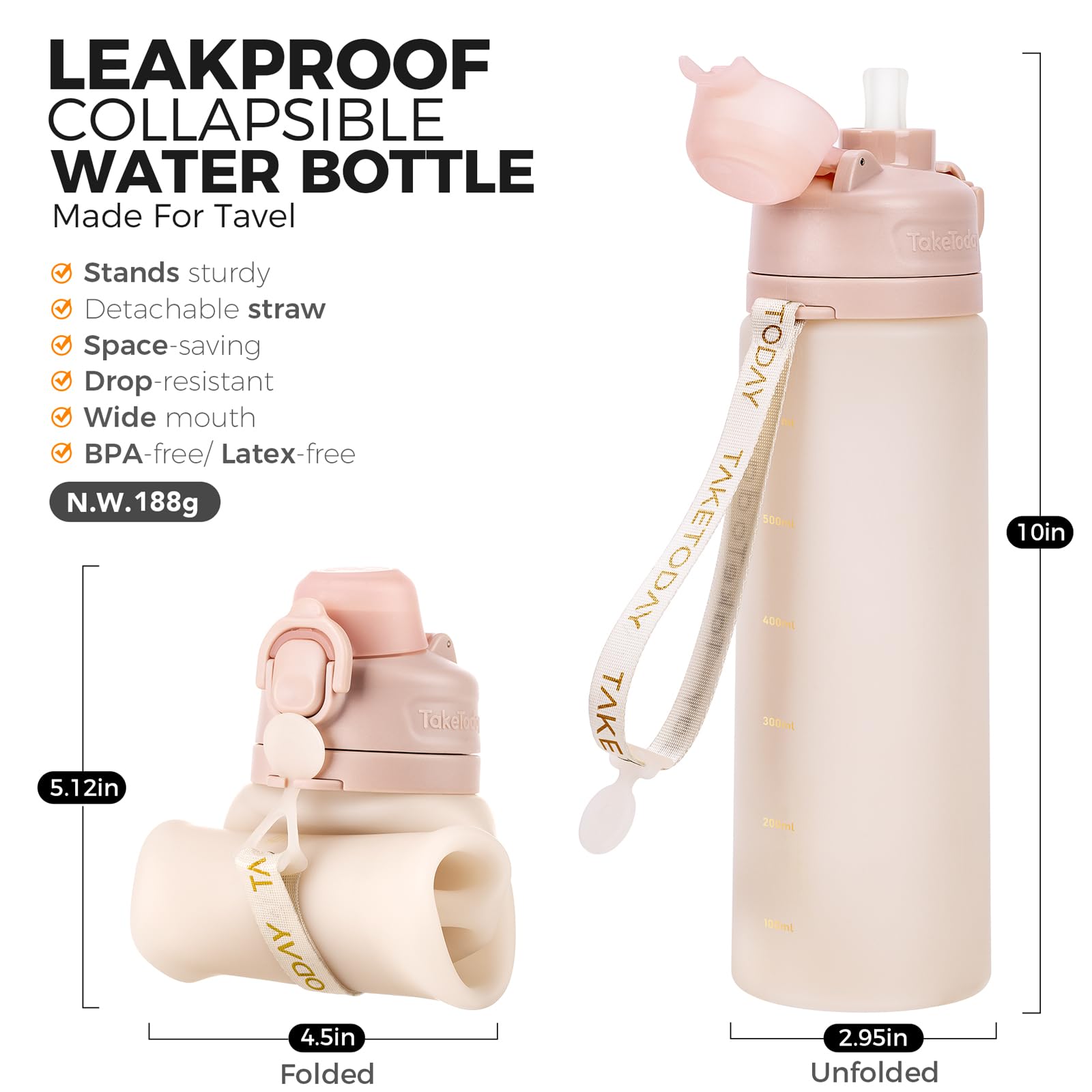 TakeToday Collapsible Water Bottles with Straw for Travel, 21oz, Sand