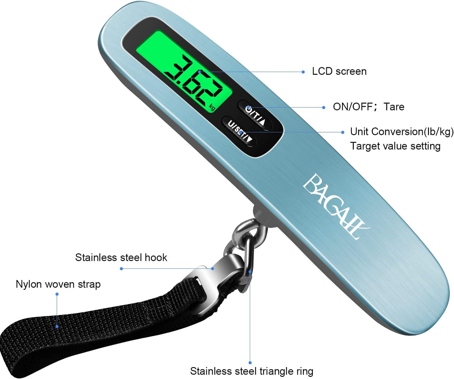 BAGAIL Digital Luggage Scale, 110lbs Hanging Baggage Scale with Backlit LCD Display, Portable Suitcase Weighing Scale, Travel Luggage Weight Scale with Hook, Strong Straps for Travelers