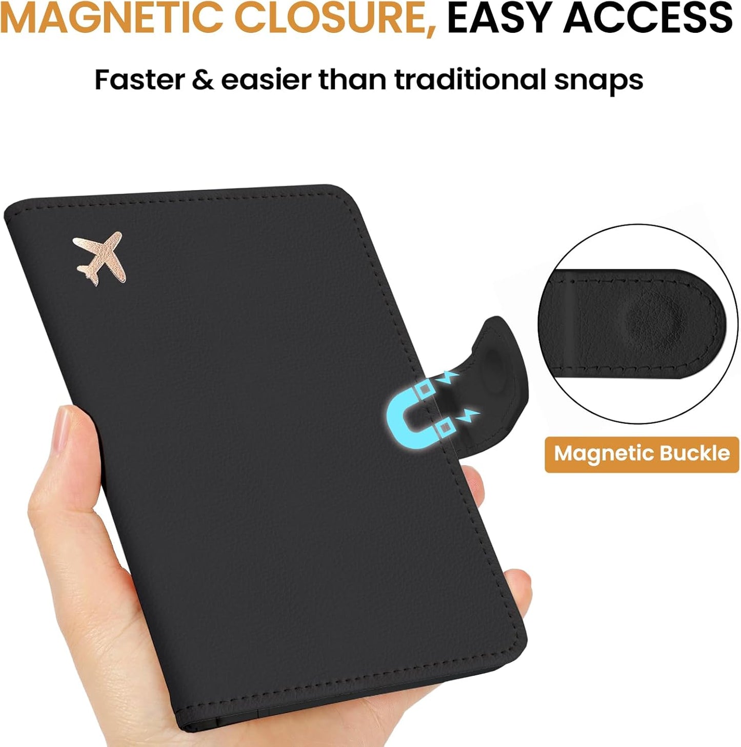 Passport Holder for Travel Essentials, RFID Blocking Leather Cover Wallet with Magnetic Closure, Aesthetic & Cute Passport Book Case for Women and Men - Black