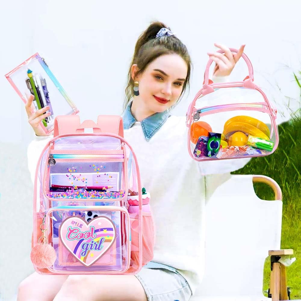 3PCS Clear Backpack Heavy Duty, Cute Sequins Transparent Bookbag with Handbag for Girls, Womens Pink See Through School Bag