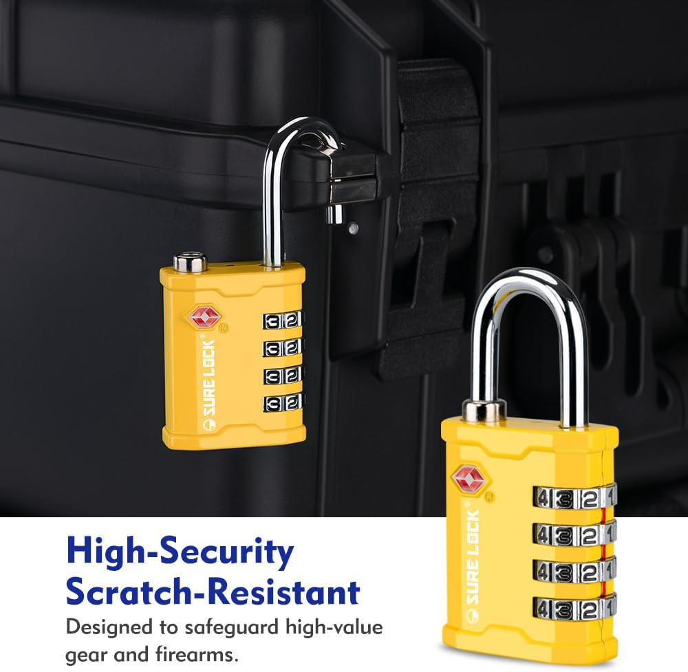 SURE LOCK TSA Accepted 4 Dig Heavy Duty Big Combination Luggage Padlock All Metal Travel Lock for Equipment Hard Case Luggage Gun Case Gym Locker Pelican Vault Lock (2, Yellow)