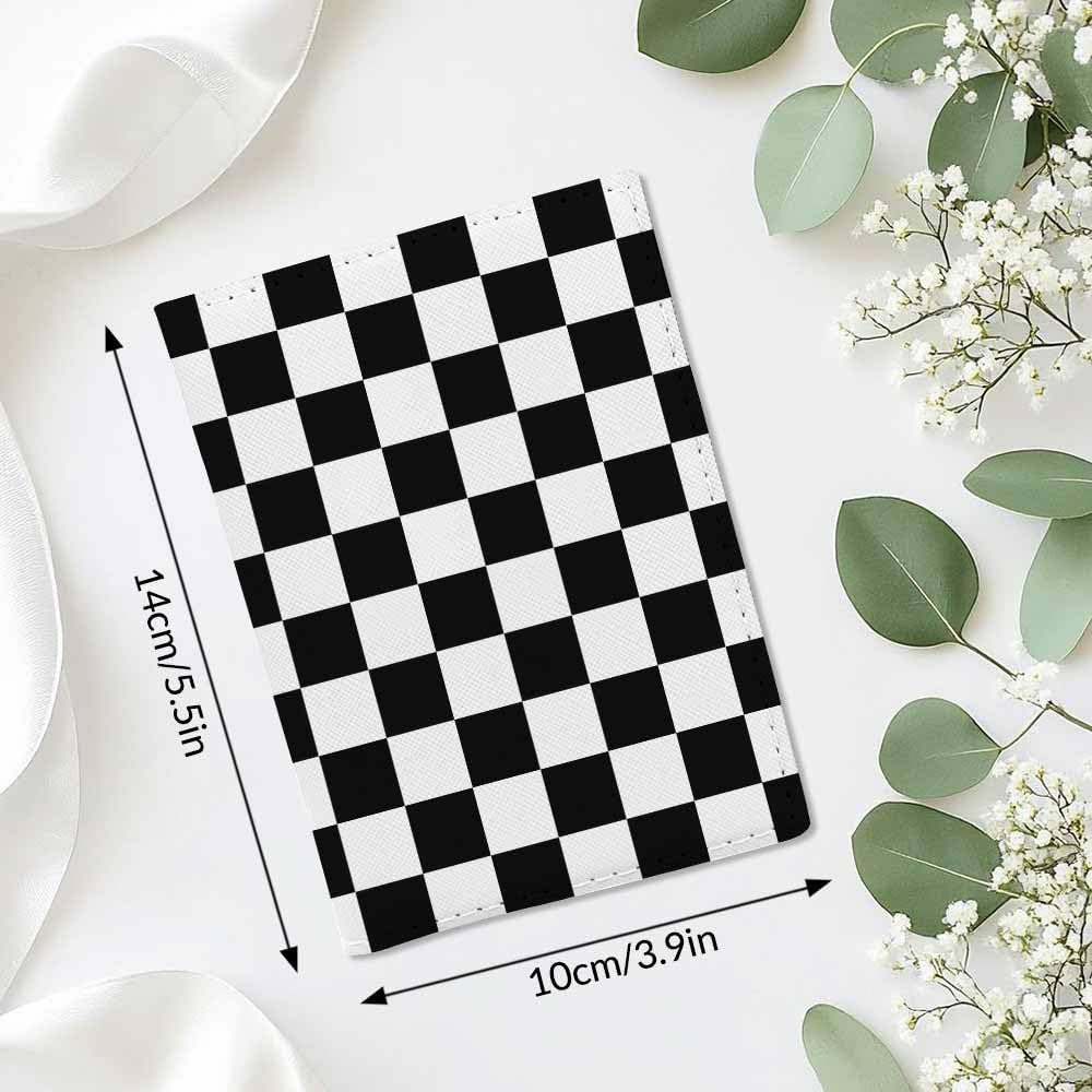 Checkerboard Passport Holder for Travel Black and White Plaid PU Leather Passport Cover Wallet Cute Passport Card Holder for Women and Men