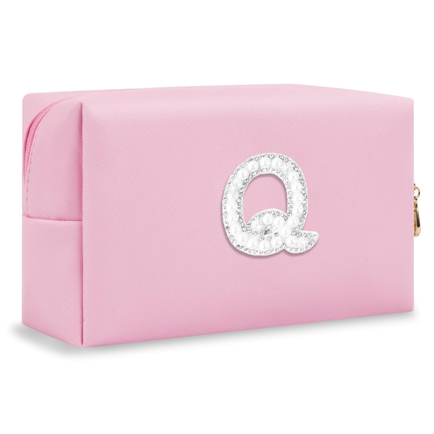 ChaoGreat Bride Gifts – Personalized Initial Makeup Bag with Pearl Rhinestone Patch, Preppy Pink Monogram Cosmetic/Toiletry Pouch, bridesmaid Gifts, Bridal Shower Gifts, Wedding Gifts, Bridal Gifts,Q