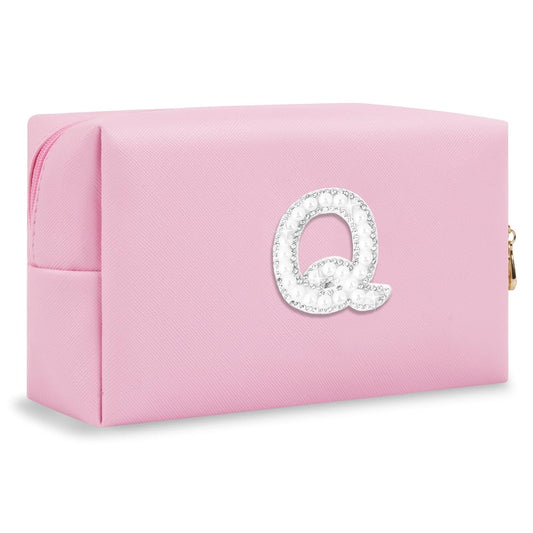 ChaoGreat Bride Gifts – Personalized Initial Makeup Bag with Pearl Rhinestone Patch, Preppy Pink Monogram Cosmetic/Toiletry Pouch, bridesmaid Gifts, Bridal Shower Gifts, Wedding Gifts, Bridal Gifts,Q