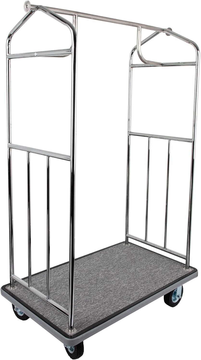 Value Valet Hotel Luggage Cart – for Commercial Use, Condos, Resorts – Chrome Bellman Trolley Cart w/ 6” Air Filled Tires & Gray Carpet, 800 lb Load Capacity