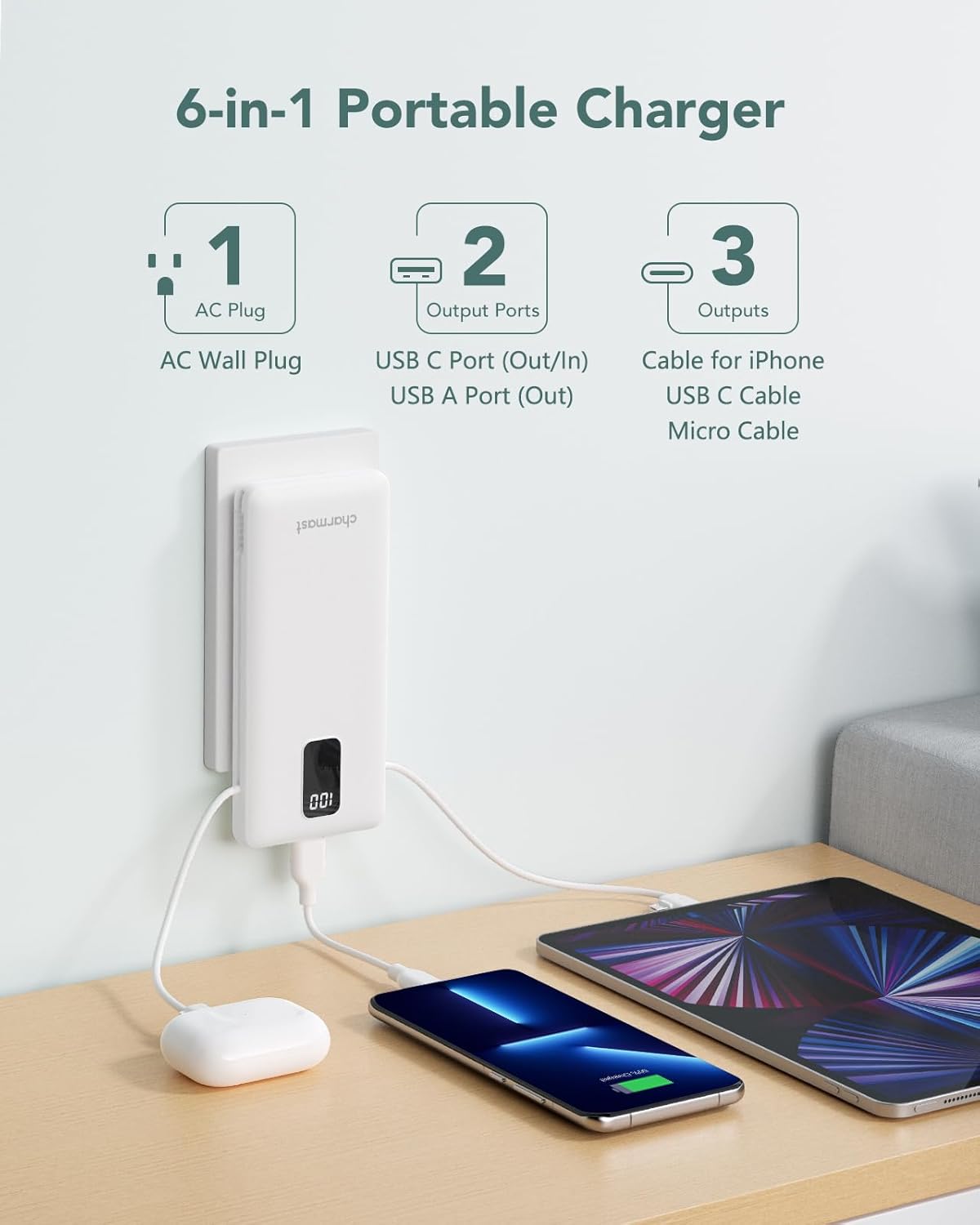 Charmast Portable Charger with Built-in Cables & Wall Plug, 10000mAh Portable Power Bank, External Battery Pack Travel Essentials Compatible with iPhone 16/15/14/13, Samsung, iPad etc