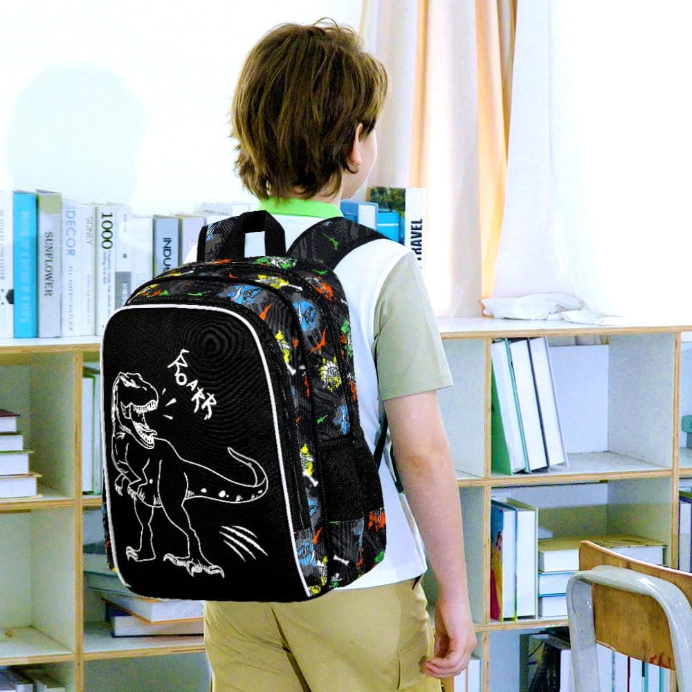 3Pcs Glow in The Dark Dinosaur Backpack for Boys, 17 Inches Dino School Bookbag Set for Teens, Laptop Backpacks with Lunch Bag(Black)