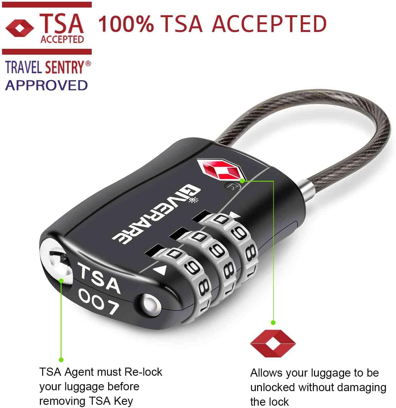 GIVERARE 4 Pack TSA Approved Luggage Locks, Combination Travel Cable Lock, Re-settable 3-Digit