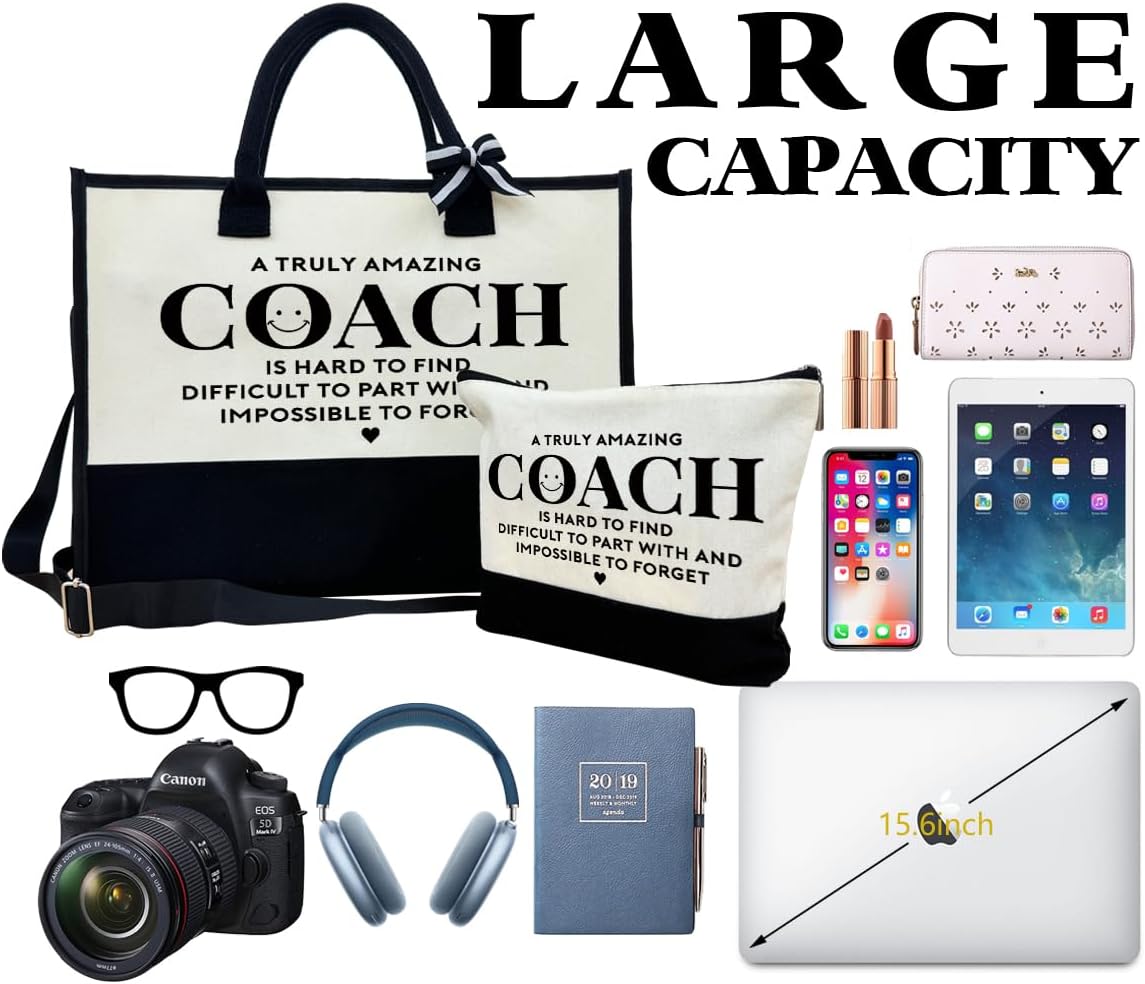 Amazing Coach Tote Bag, Canvas Tote Bag for Women with Zipper Closure, Shoulder Beach Bag, Thank You Gift for Female Coach, Female Trainers Gifts for Women, Makeup Bag