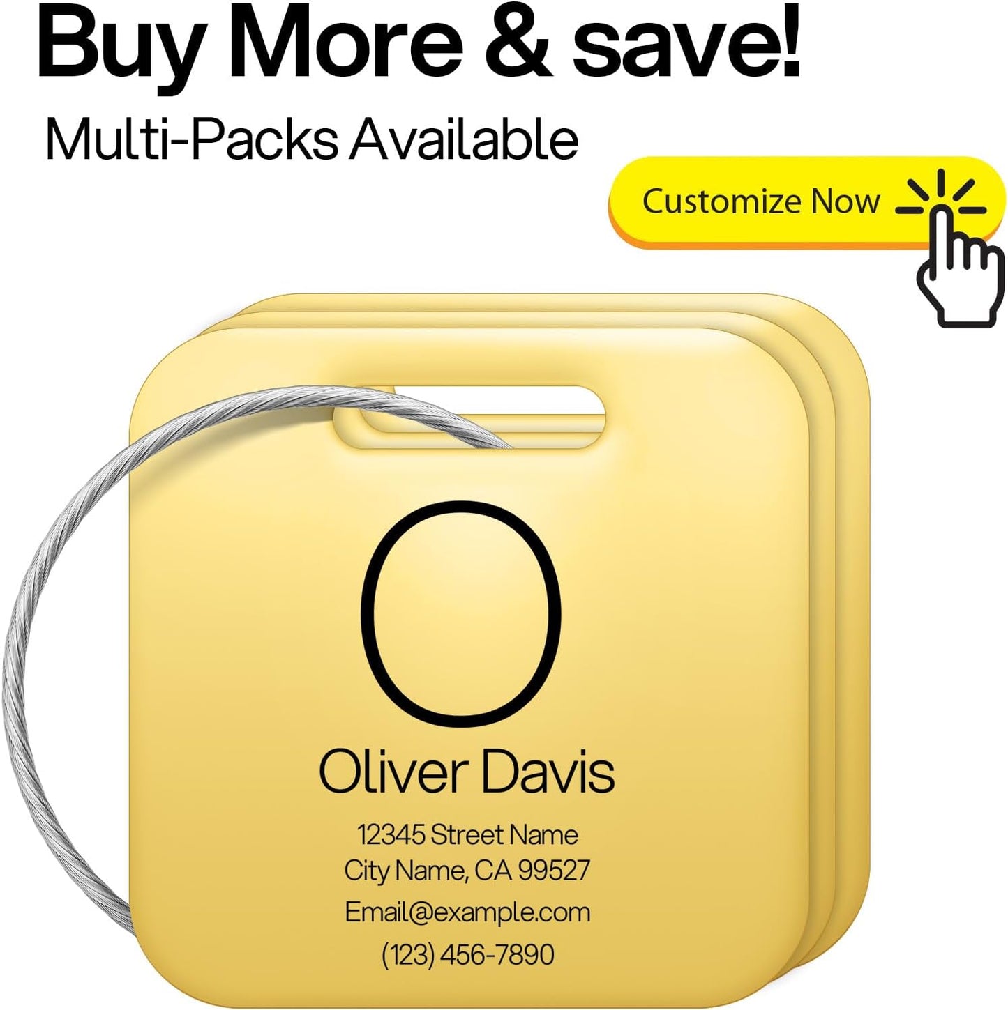 Initial Personalized Luggage Tags for Suitcases - Laser Engraved Stainless Steel Custom Name ID Tag for Backpack and Bag Kids, Women - Metal Baggage Tags Travel Essentials Accessories(Square-Gold)