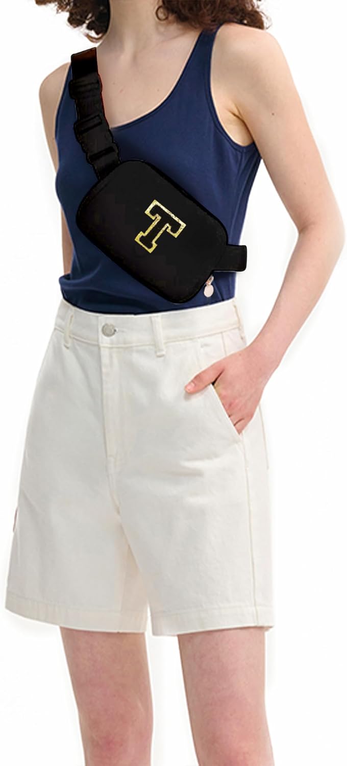 Personalized Belt Bag for Women Girls - Fashion Mini Waist Packs with Adjustable Strap - Trendy Travel Fanny Pack Crossbody Bags with Initial Letter - Teen Gifts | Black,Black T