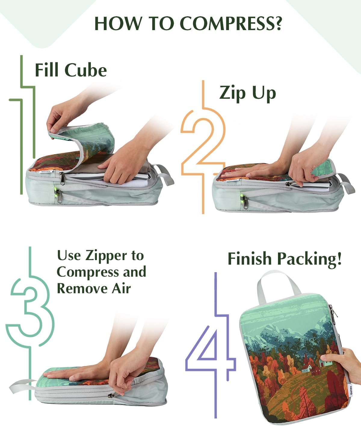Gonex Compression Packing Cubes, 4pcs Expandable Storage Travel Luggage Bags Organizers, Travel Cubes for Suitcase Carry On (Seasons)