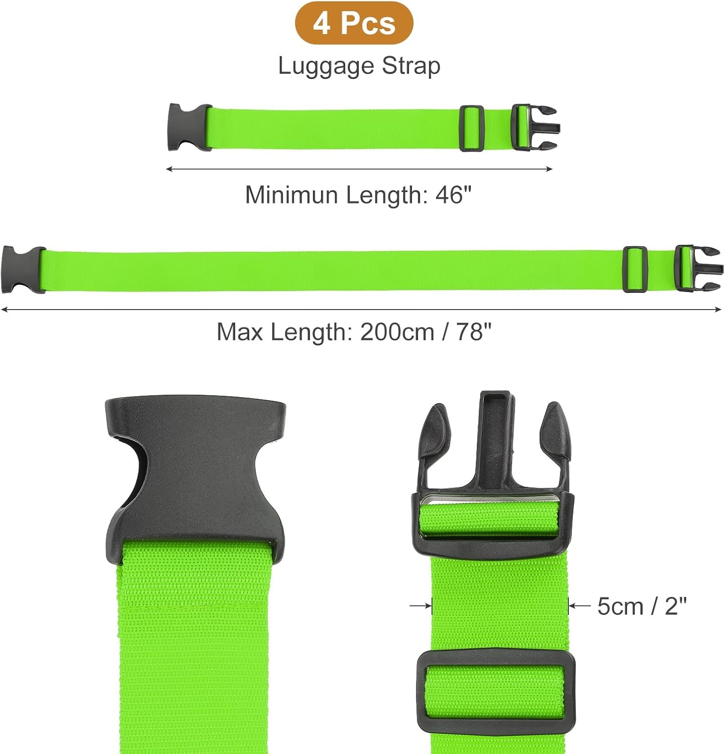 MECCANIXITY Luggage Straps with Quick-Release Buckle Adjustable Suitcase Belt Strap for Suitcase Briefcase Backpack Travel, Fluorescent Green, Pack of 4