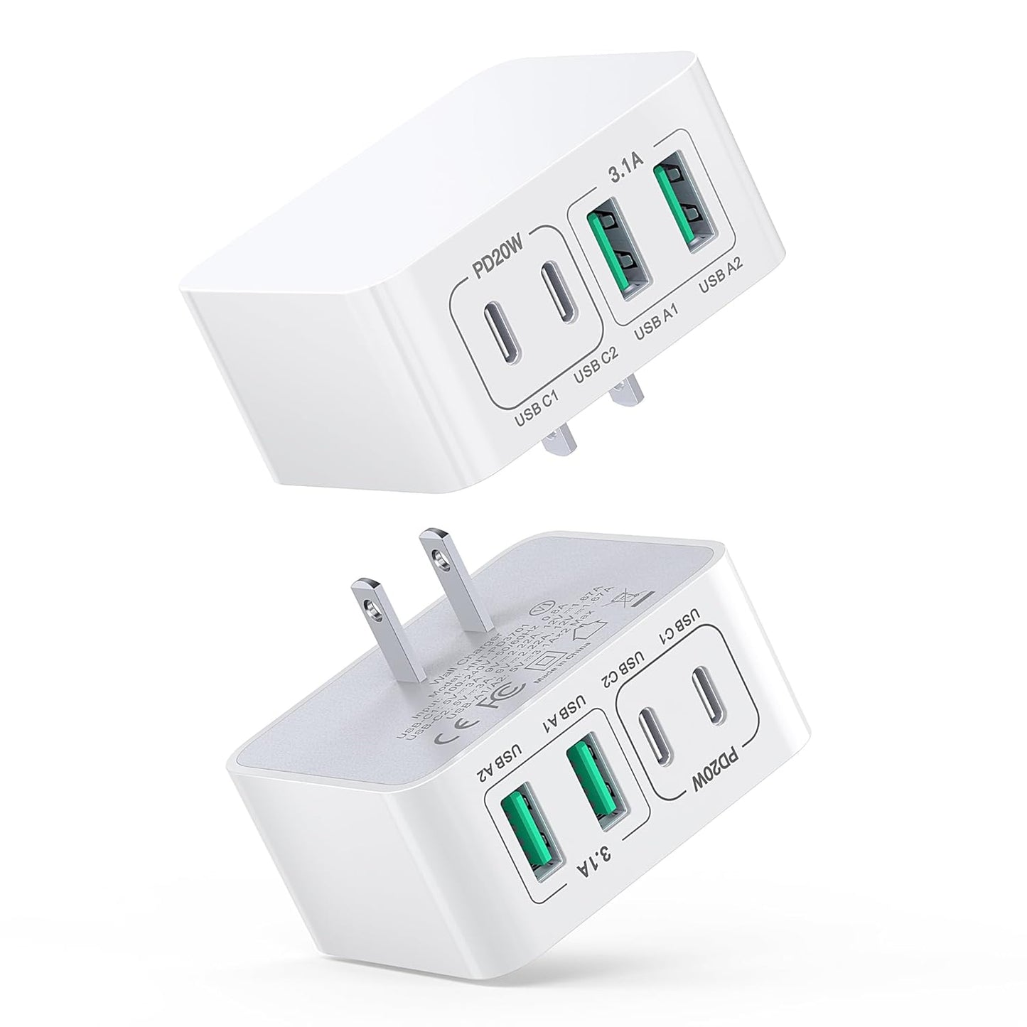 USB C Charger Block Thin Flat 50W 5-Port Wall Charger 2-Pack Type C Fast Charger Cube, PD&QC Wall Plug Power Adapter Compatible for iPhone 14/15/16/17, iPad, Airpods, iwatch, Samsung