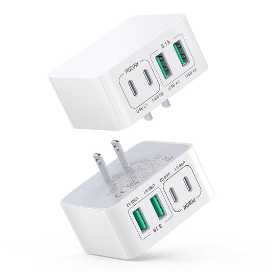 USB C Charger Block Thin Flat 50W 5-Port Wall Charger 2-Pack Type C Fast Charger Cube, PD&QC Wall Plug Power Adapter Compatible for iPhone 14/15/16/17, iPad, Airpods, iwatch, Samsung