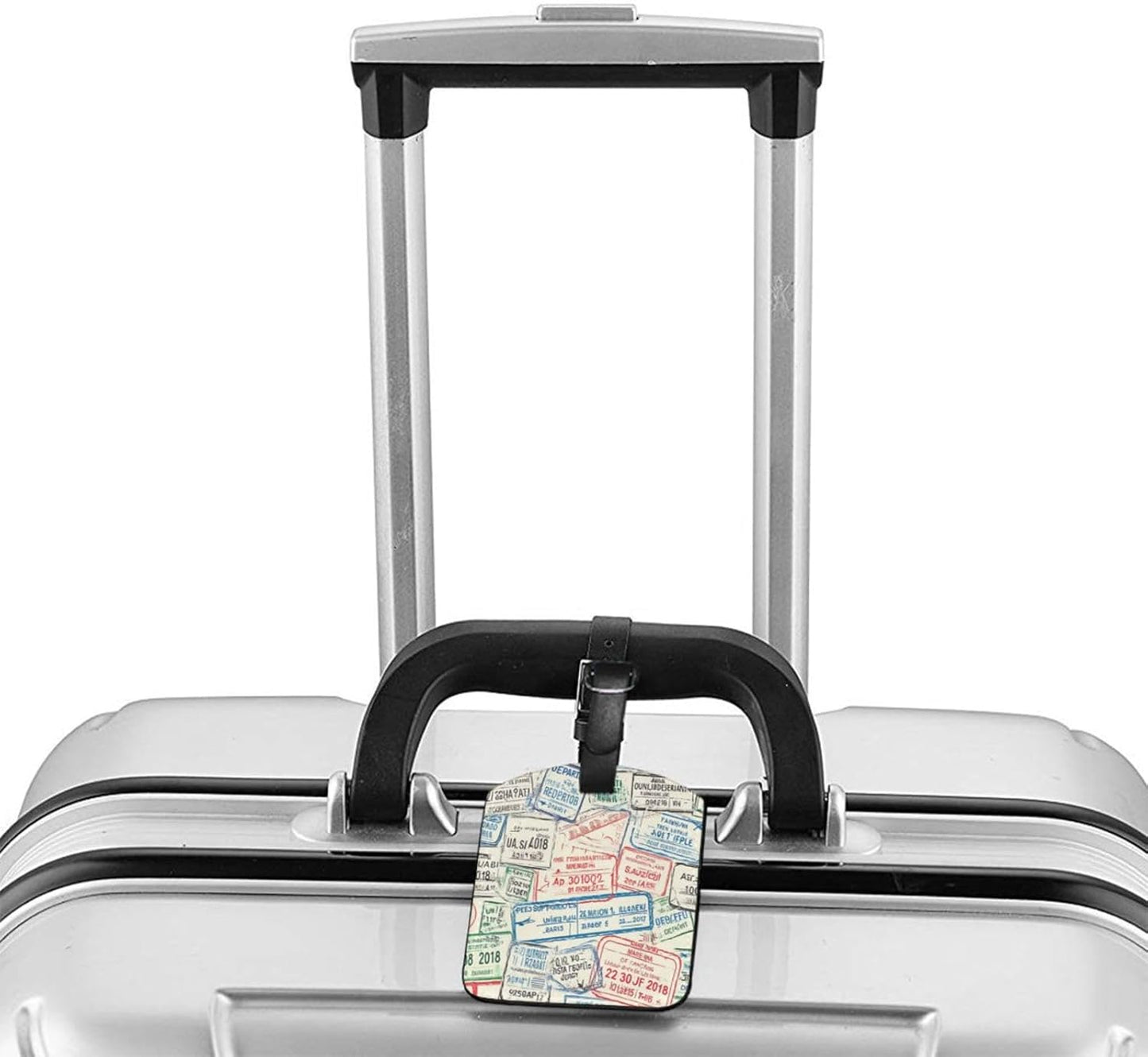 Grunge Passport Luggage Tag for Suitcases,Airport Stamps Colorful Red Green Gray Blue PU Leather