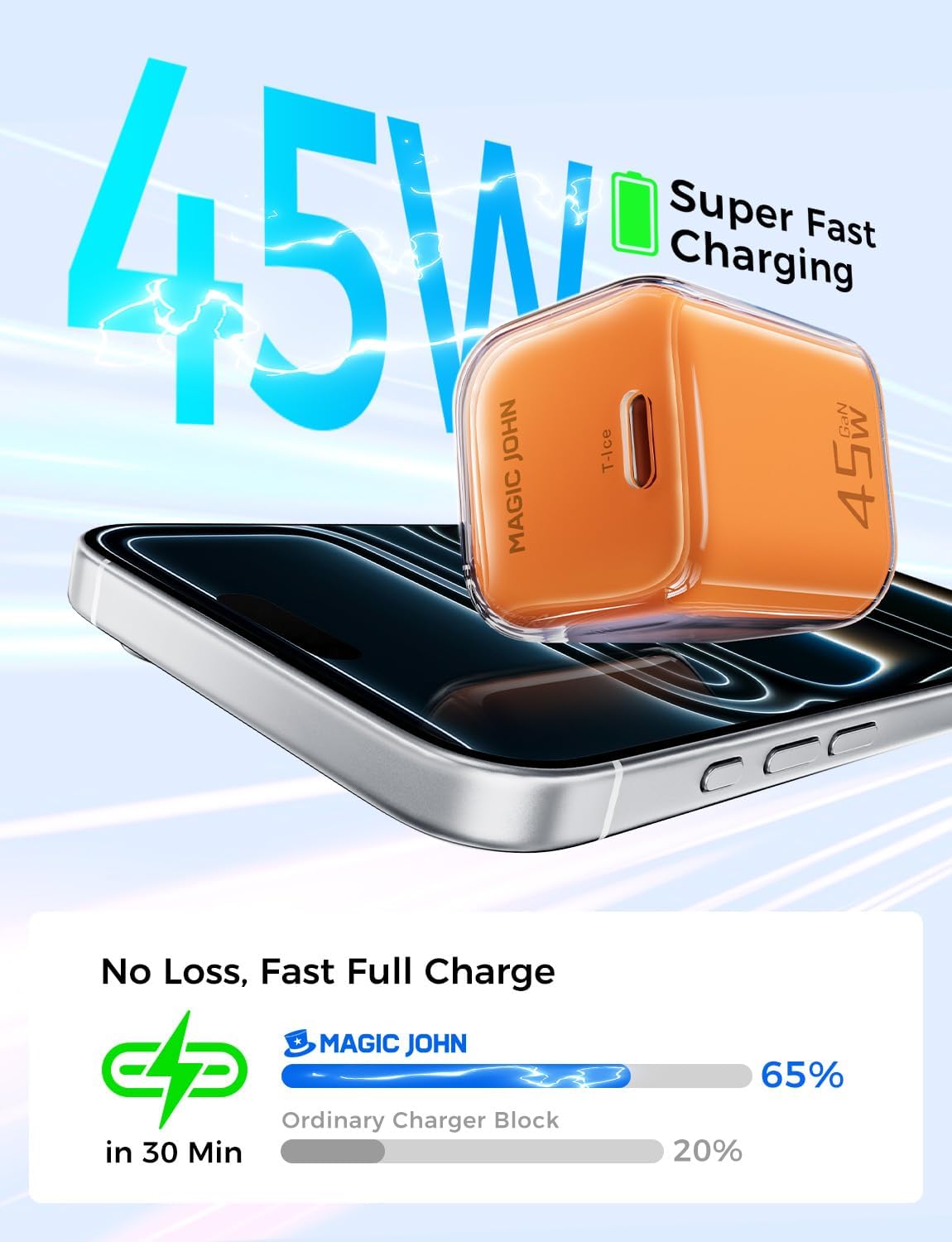 MAGIC JOHN 45W USB C Charger Block, Ultra-Fast Charging for iPhone 15/16/17 & More, Compatible with iPhone, iPad, Samsung, and Other USB C Devices Orange