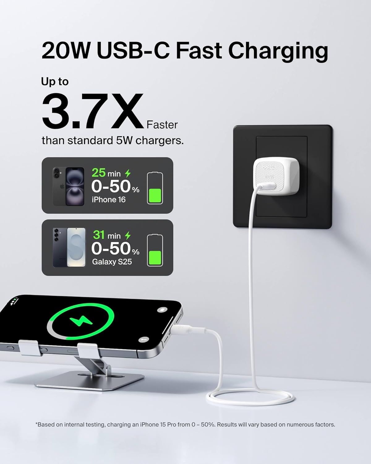 Belkin USB C Charger Block 20W, Fast Charging Block, Type C Wall Charger, Compatible w/Apple iPhone 17, Air, Pro, AirPods, Apple Watch, Samsung Galaxy S25, Google Pixel 10, iPad, AirPods, etc - White