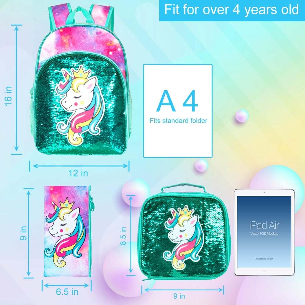 3PCS Unicorn Backpack for Girls, 16" Sequins Kids Bookbag with Lunch Box, School Bags for Elementary Preschool Kindergarten - Green