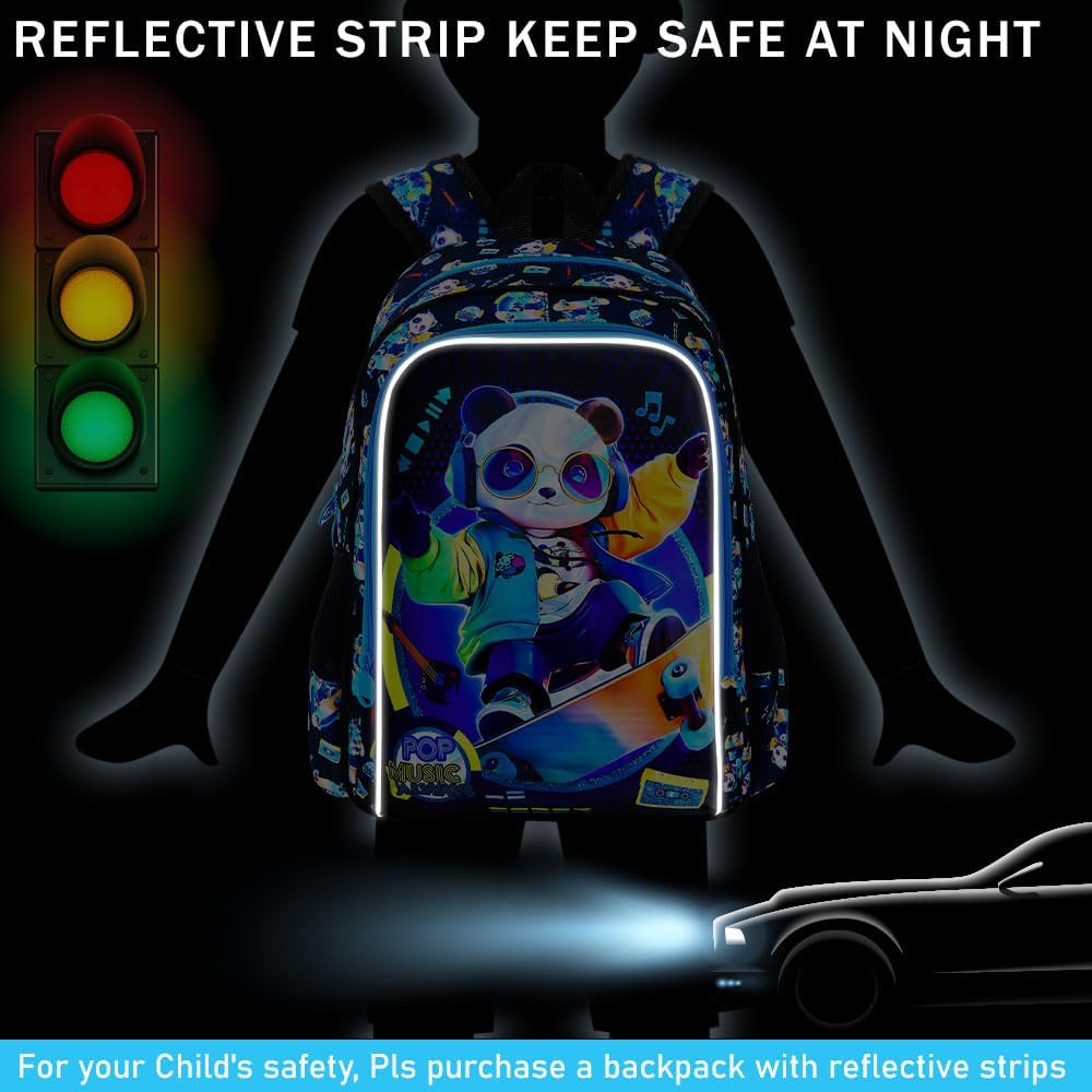 gxtvo 3PCS Panda Backpack for Boys, 16" Kids Bookbag with Lunch Box, Water Resistant Elementary Preschool Toddler School Bag