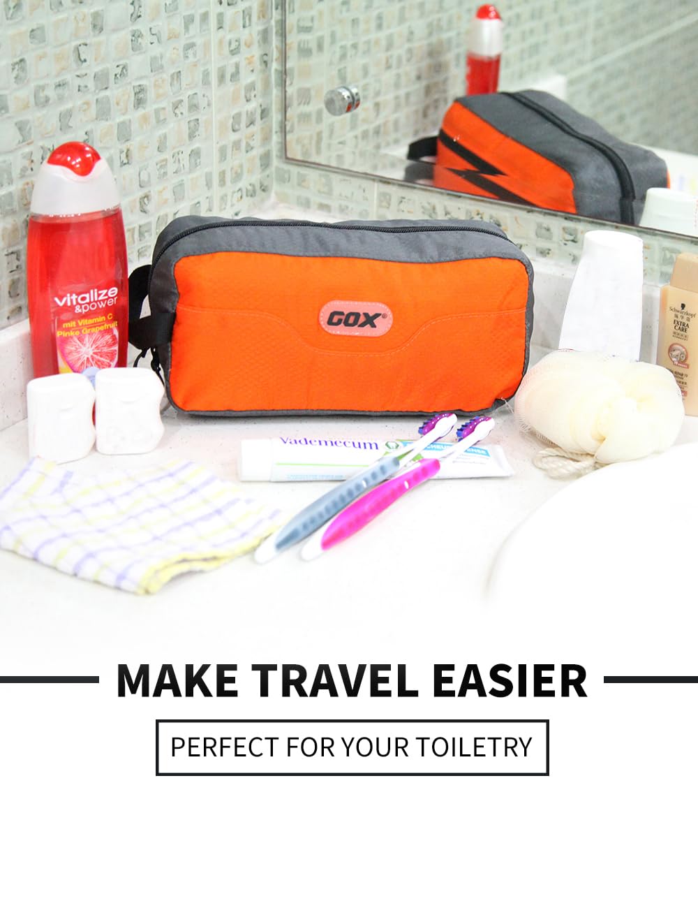 GOX Small Travel Toiletry Bag, Dopp Kit Case For Men, Multifunction Organizer Pouch (Orange/Grey)