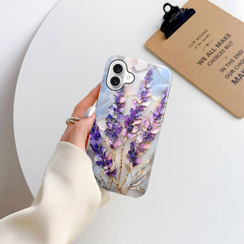 Case for iPhone 16 - Slim Fit Anti-Scratch Phone Case for Girl Women - Lavender Stained Glass Purple Floral (Glossy)